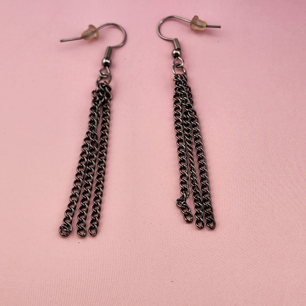 Gunmetal Triple Chain Tassel Dangle Earrings Fishhook Gothic Punk Statement